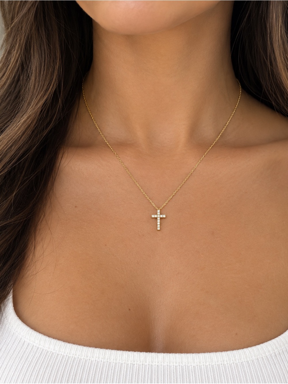 Dainty Gold-Plated Sterling Silver CZ Cross Pendant Necklace